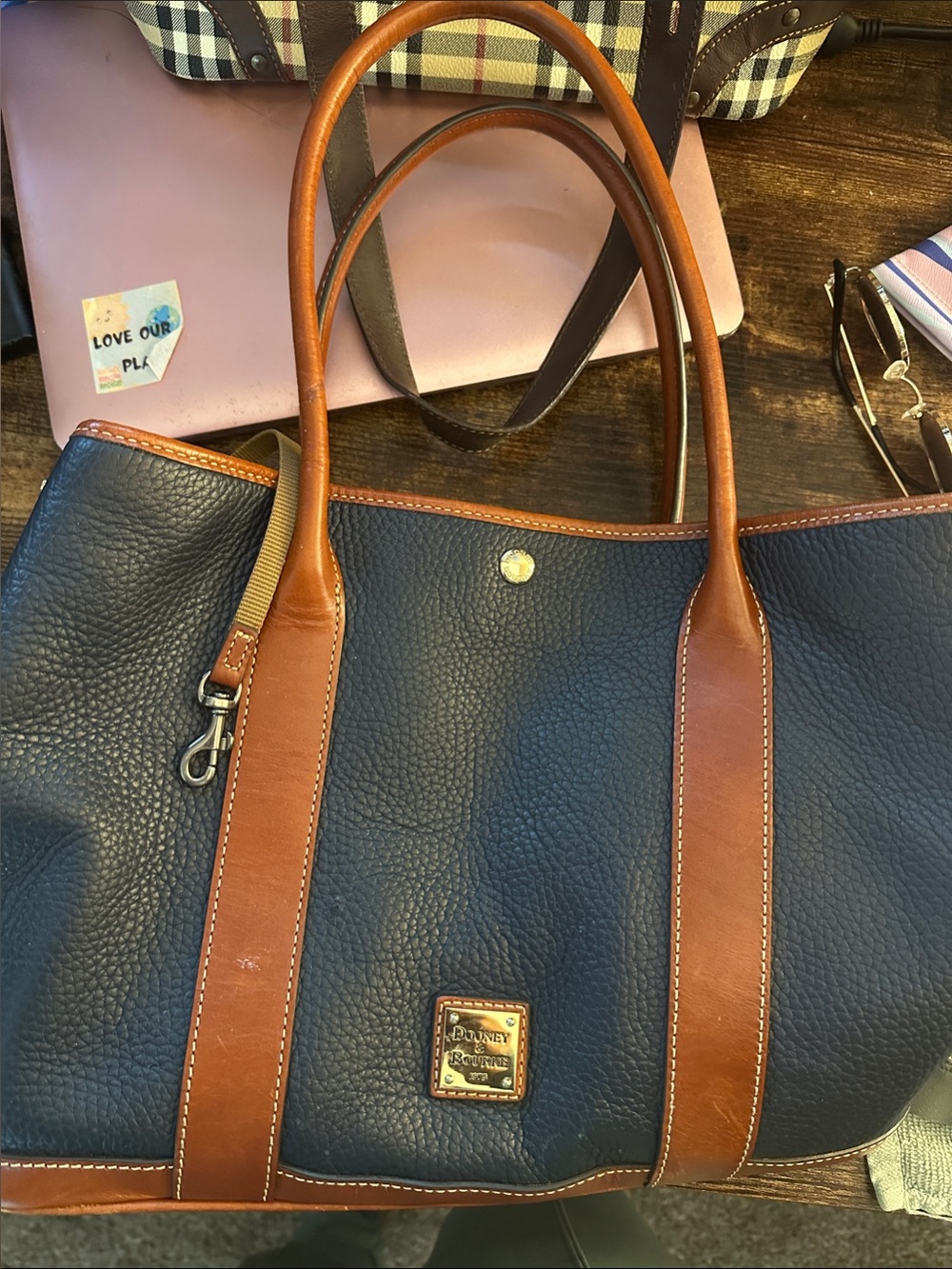 Dooney & Bourke Navy Tote with Brown Leather Trim